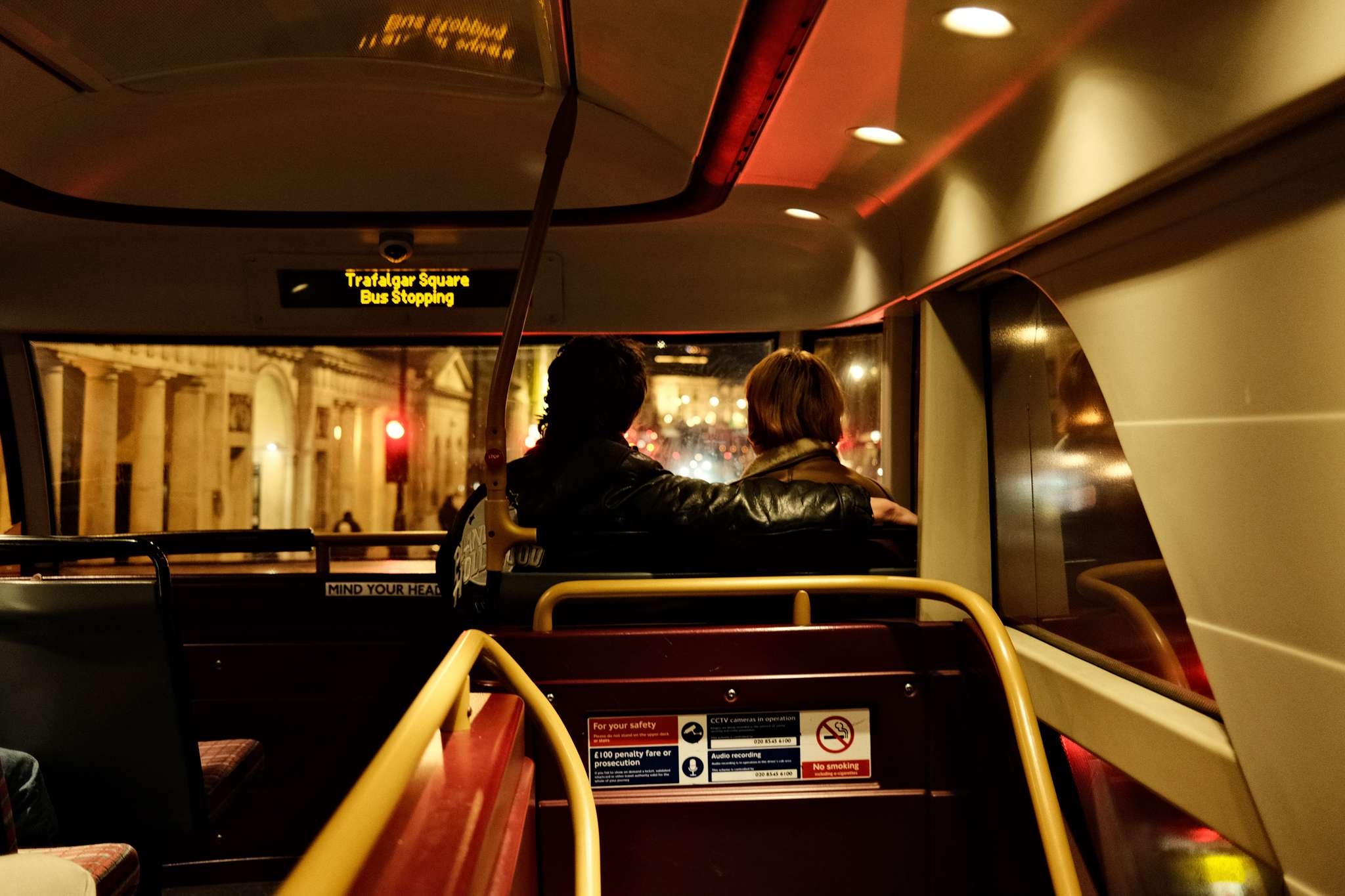 Night bus at Trafalgar Square, London, shot on a Fujifilm X100V